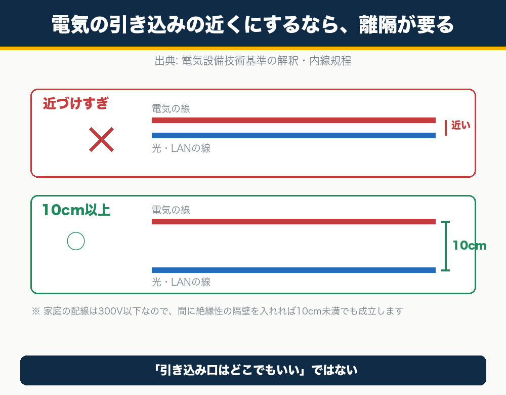 光回線の引き込みは電気の引き込みと10cm以上の離隔が必要