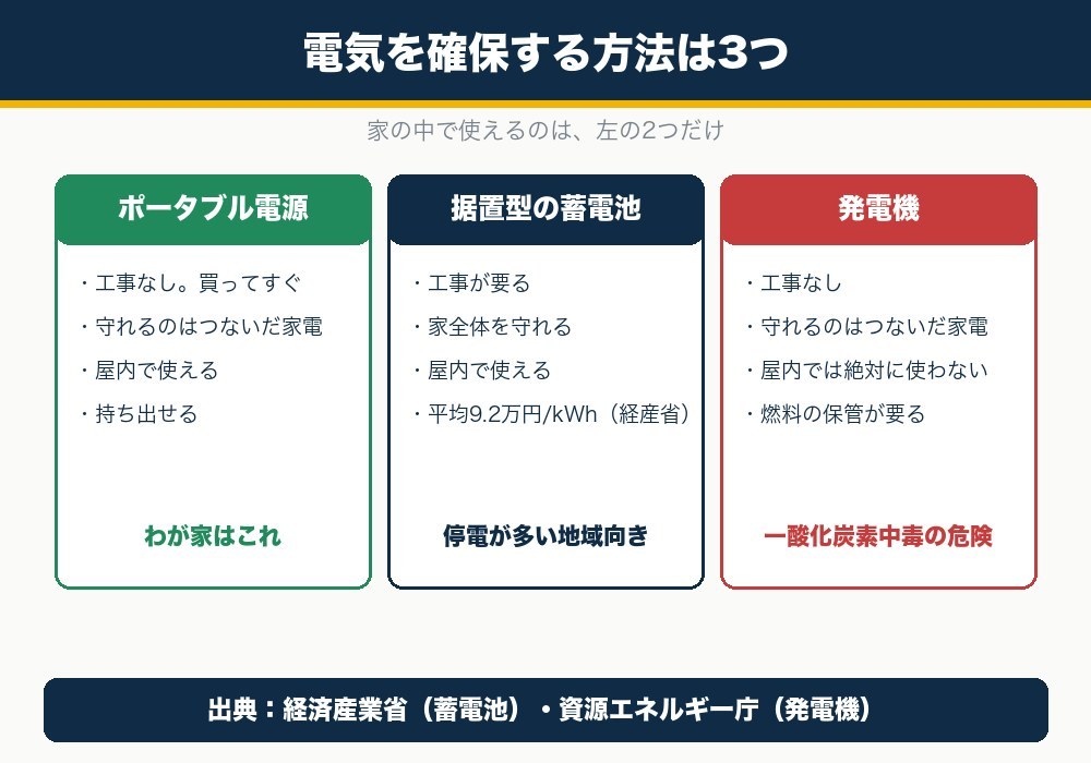 停電対策の電源は3つ。ポータブル電源・据置型の蓄電池・発電機の工事と守れる範囲と屋内使用の違い