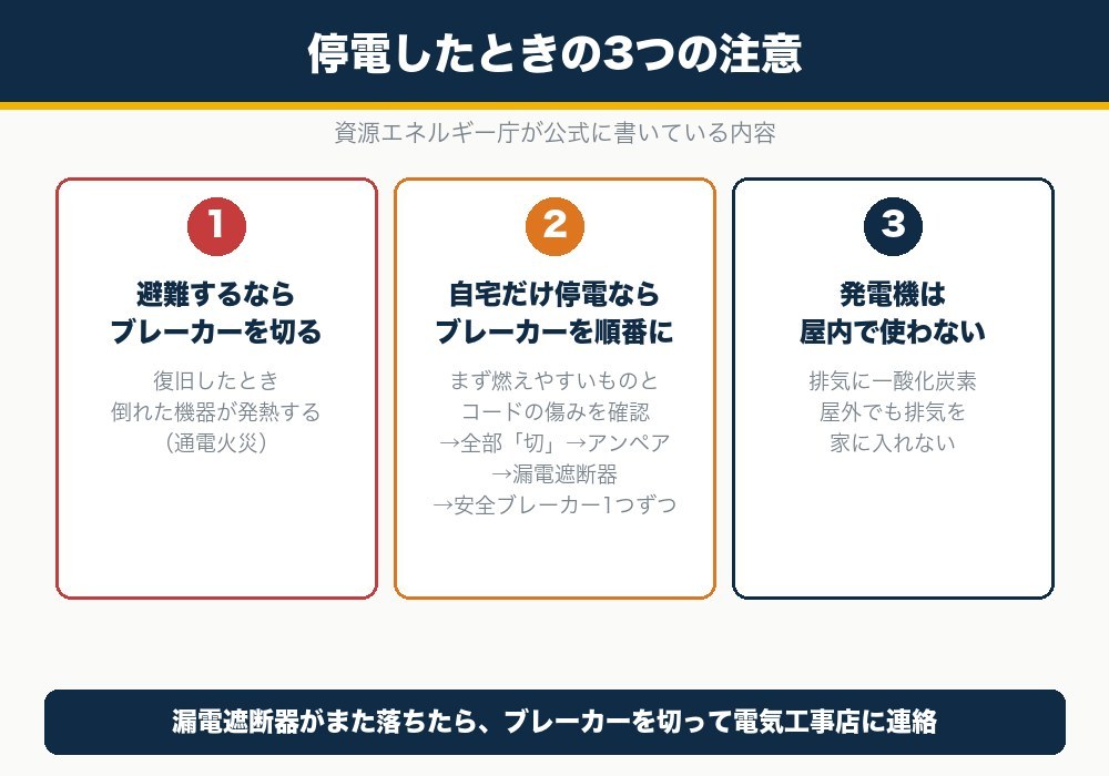 停電対策で電気工事士が伝えたい注意3つ。避難時はブレーカーを切る・ブレーカーは順番に入れる・発電機は屋内で使わない